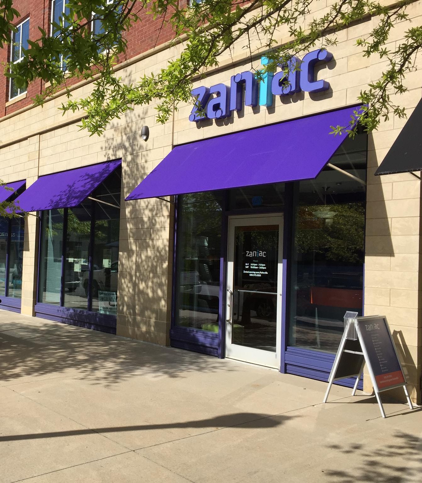 A storefront with tan brick walls, large windows, and bright purple awnings displays a sign reading "zaniac" above the entrance. A sandwich board stands on the sidewalk near the door. Tree branches cast shadows on the scene.